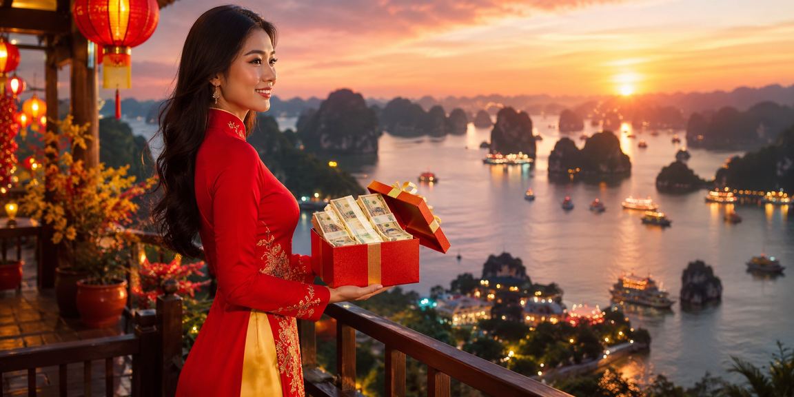 Phụ nữ mặc áo dài sử dụng ứng dụng casino trực tuyến trên vịnh Hạ Long